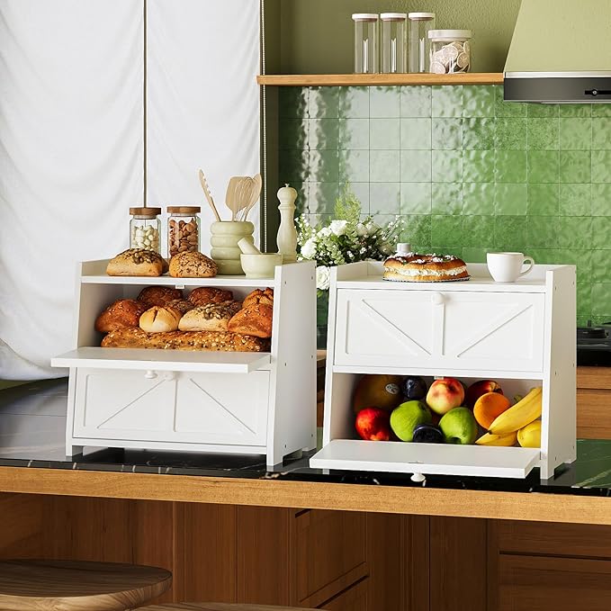 Trironsun Vintage Double Layer Bread Box for Kitchen Counter Bamboo Bread Storage Container Large Capacity Bread Storage Bin (White) - Image 4