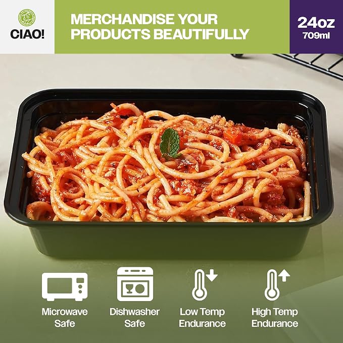 CIAO! Heavy Weight 24oz Injection Molded Microwavable Black Rectangular Food Container With Lid (150/case) - Image 6