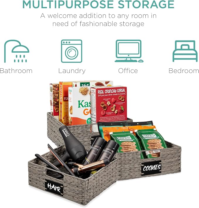 Best Choice Products Set of 4 13x12in Water Hyacinth Pantry Baskets, Woven Organizers w/Chalkboard Label, Chalk Marker - Gray - Image 6