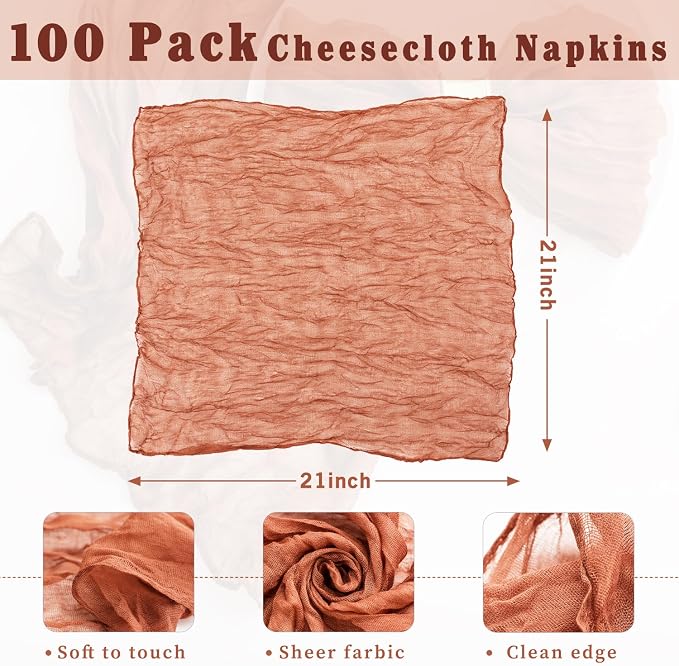 100 Pack Terracotta Cheesecloth Napkins 21x21 Inches Terracotta Cloth Napkins Washable Set of 100 Dinner Table Napkins for Wedding Bridal Baby Shower Rustic Boho Cotton Gauze Summer Party Table Decor - Image 3