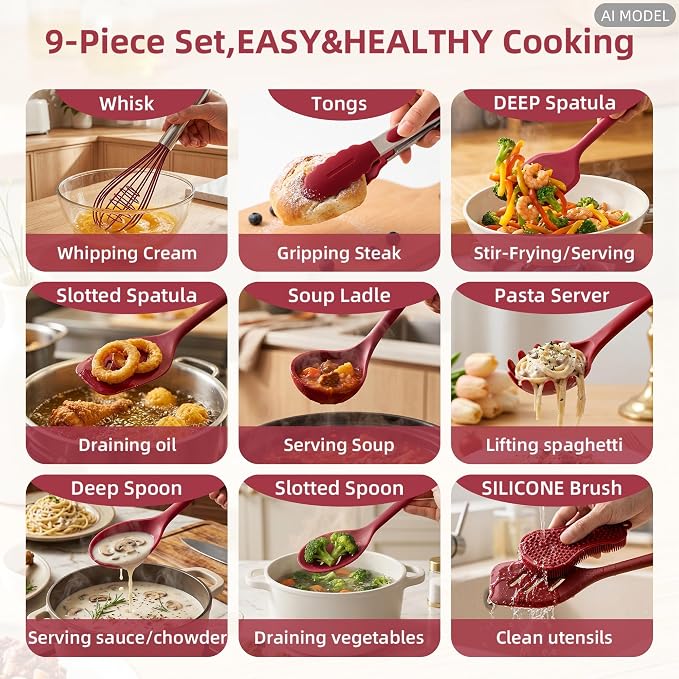 Kitchen Utensils Set,9 PCS Silicone Cooking Utensils Set Spatula Set,Cooking Utensils Tool,Tongs,Spoon,Whisk,Brush,Dishwasher Safe Kitchen Gadgets for Non-Stick Cookware,Home Essential(Red) - Image 2