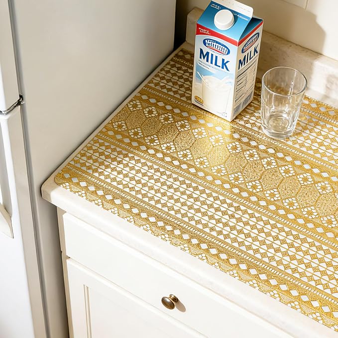 Drawer and Shelf Liner - Gold Geometric Lace Pattern,Non Adhesive | Non Slip Waterproof Easy-Clean Shelf Liner for Kitchen Cabinet, Bathroom, Pantry Storage Drawers, 12 in x 20 Ft - Image 4