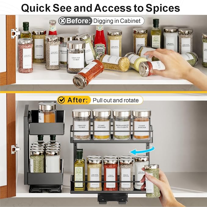 Pull Out Spice Rack - 2 Pack Spice Organizer for Cabinet | For Flat-Front Cabinets Only, Pull-Out Rotating Access, No-Drill Mount, Keeps Spices Visible Easy to Reach, Adjustable Height - Image 3