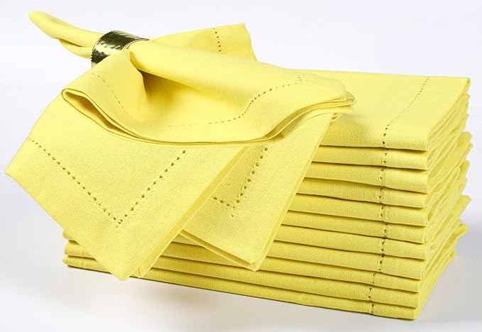 Bedding Craft Hemstitched Cotton Cloth Dinner Napkins Set of 12 – 18x18 Golden Kiwi – Reusable Machine Washable Fabric Napkins for Weddings, Thanksgiving, Christmas & Events by BeddingCraft
