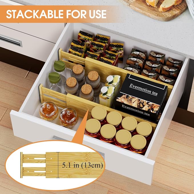 Bamboo Drawer Dividers, Adjustable Drawer Organizers, Fits 17.6–21" Drawers | 2.5" High, 4 Pack Expandable Drawer Separators for Kitchen, Nursery, Dressers & Office Storage, Natural - Image 5