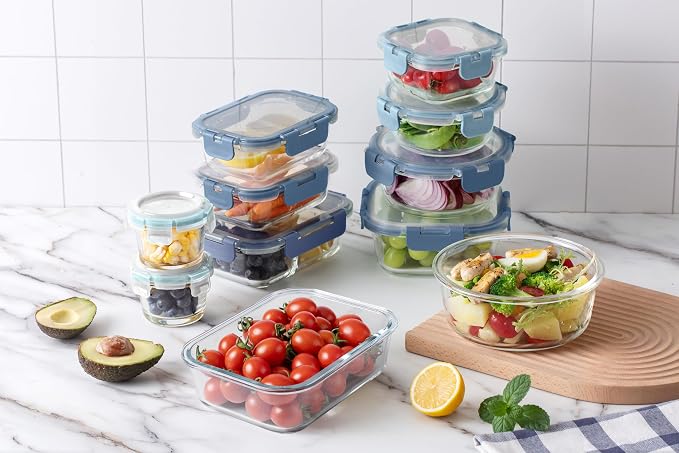 COOK WITH COLOR Premium 32-Pc. Borosilicate Glass Food Container Set with Dividers - 4 Rectangles, 8 Rounds, 4 Squares - Leakproof Lids - Meal Prep, Storage, Ombre Blue - Image 2
