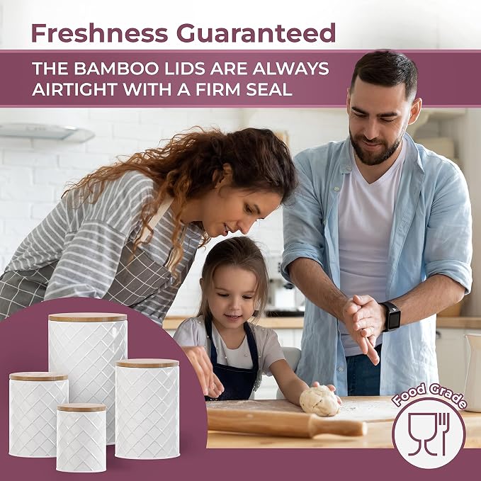 Pebble & Stem® White Metal Canister Set for the Kitchen Counter, Food Canister Set of 4, Airtight Lids, Sugar and Flour Containers for Countertops, Coffee and Tea Storage, Farmhouse Decor - Image 5