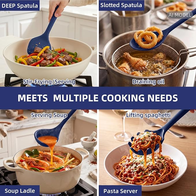 Kitchen Utensils Set,9 PCS Silicone Cooking Utensils Set Spatula Set,Tongs,Spoon,Whisk,Brush,Dishwasher Safe Kitchen Gadgets for Non-Stick Cookware,Home Essential，Kitchen Appliances(Navy Blue) - Image 3