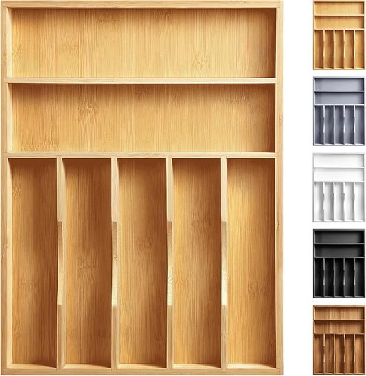Kitchen Bamboo Silverware Organizer, Kitchen Drawer Organizer - Utensil Holder and Cutlery Tray with Grooved Drawer Dividers for Flatware 7 Slot, Natural by oridom