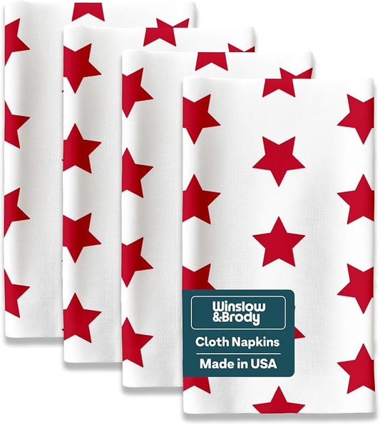 Red Stars Cloth Napkins | 4th of July Table Decorations | Memorial Day, Independence Day Table Decorations | Absorbent, Washable, Reusable, Stain & Wrinkle Resistant | Made in America - 12pack by WinslowBrody