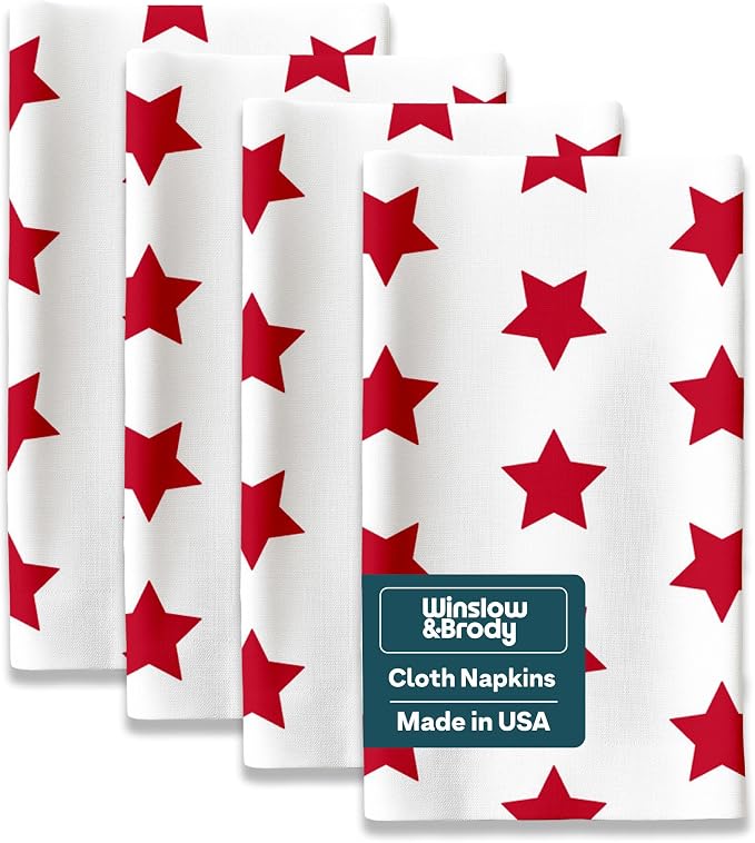Red Stars Cloth Napkins | 4th of July Table Decorations | Memorial Day, Independence Day Table Decorations | Absorbent, Washable, Reusable, Stain & Wrinkle Resistant | Made in America - 6pack by WinslowBrody