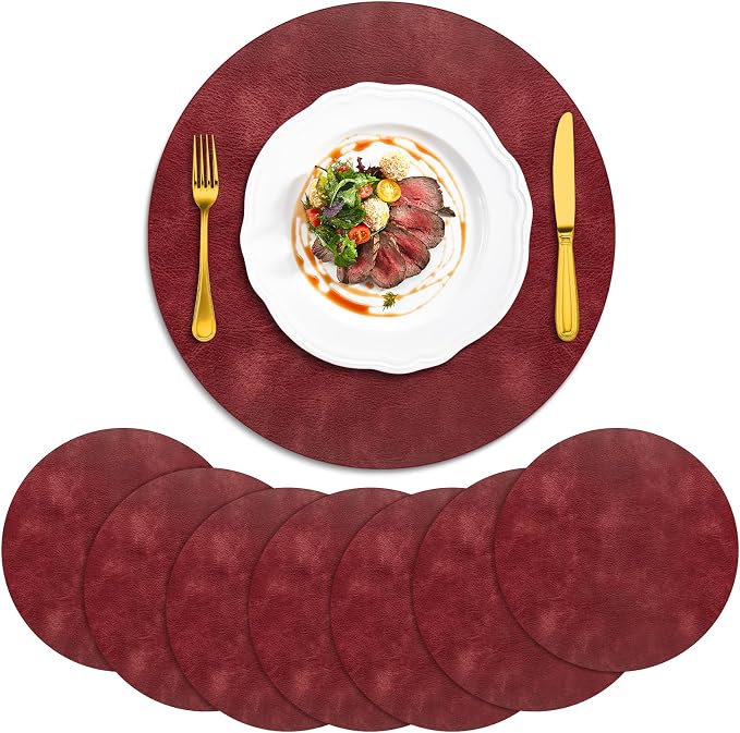 ADRIMER Placemats, Heat Resistant Round Placemats Set of 8 Washable, Waterproof Table Mats, Wipeable Faux Leather Place Mats for Kitchen, Dining Room, Wine Red by Adrimersdreamistobeanindispensablecompanioninyourlife