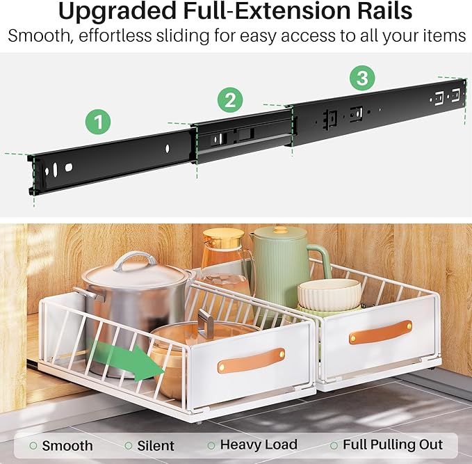 Pull out Cabinet Organizer,Heavy Duty Slide out Pantry Shelves Drawer Storage with Adhesive Nano Film,Sliding Mesh Cabinet Basket with Handle for Kitchen, Bathroom, Home, 13.8"W X 21"D X 6.2"H,White - Image 4