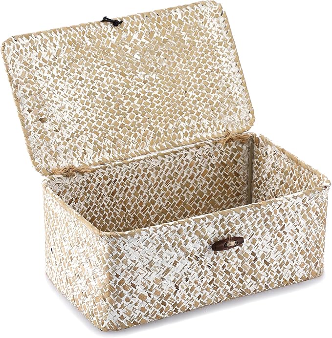 Hipiwe Wicker Shelf Baskets with Lid, X-Small Woven Seagrass Basket Bin | Rectangular Storage Baskets Household Basket Boxes for Shelf Home Organizer and Decor, Whitewash - Image 9