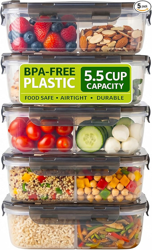 Compartmentalized Plastic Airtight Food Storage Containers with Vented Lids, 3-Compartment Design, BPA-Free, 5-Pack (5.5 Cups Each) for Meal Prep and Portion Control by Clutterix