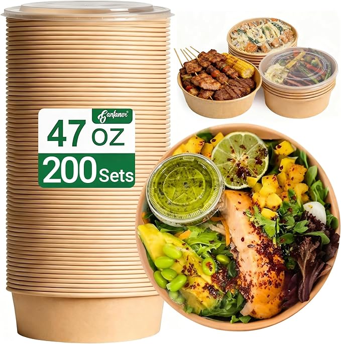 47oz Disposable Meal Prep Food Container w/Lids, 200 Sets Deli Bowl Paper Box To Go, Sturdy Bulk Pack for Event Restaurant Food Serving Salad Soup Pho Acai Picnic by GanfanerEcoPackHomeKitchen