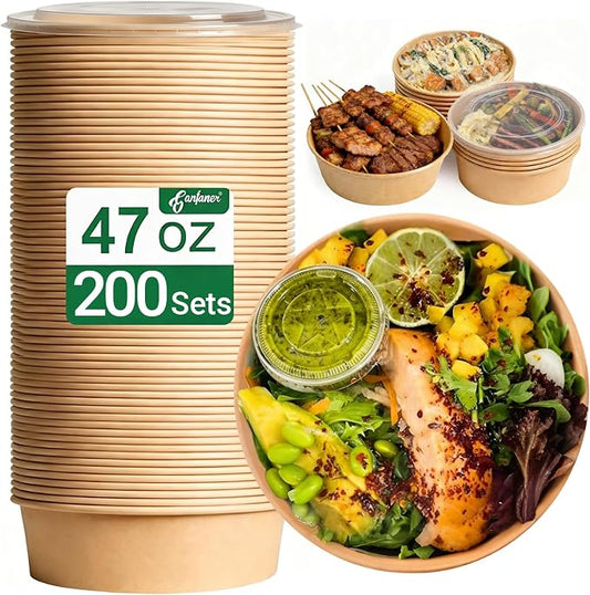 47oz Disposable Meal Prep Food Container w/Lids, 200 Sets Deli Bowl Paper Box To Go, Sturdy Bulk Pack for Event Restaurant Food Serving Salad Soup Pho Acai Picnic by GanfanerEcoPackHomeKitchen