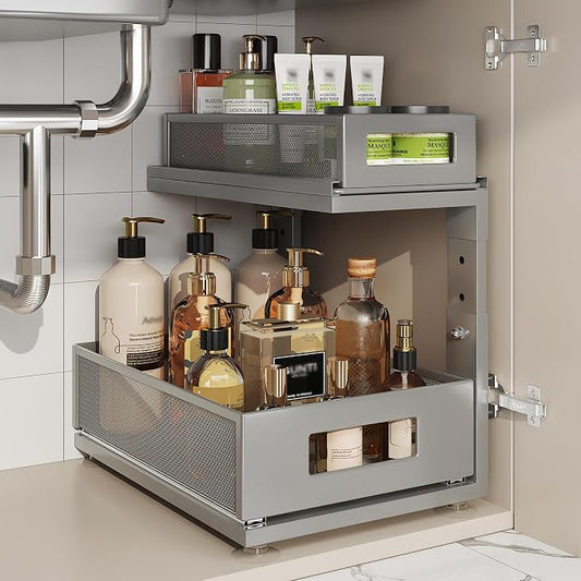 1 Pack 15.74IN-Depth Under Sink Organizer With Next-Gen Ball-Bearing Slides,2-Tier Pull Out Cabinet Storage,Height Adjustable Drawer Shelf for Bathroom,Kitchen,Laundry,Cabinet,Pantry-Gun Gray by Corbyles