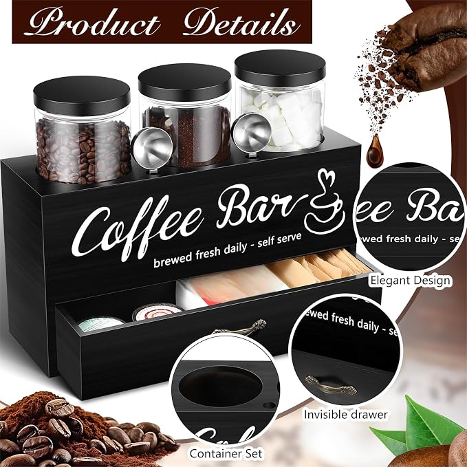 3 Pcs Coffee Bar Containers Set Include Coffee Sugar Container with Lid and Spoon and Double Layer Storage Box with Drawer for Bar Kitchen Countertop(Black) - Image 3