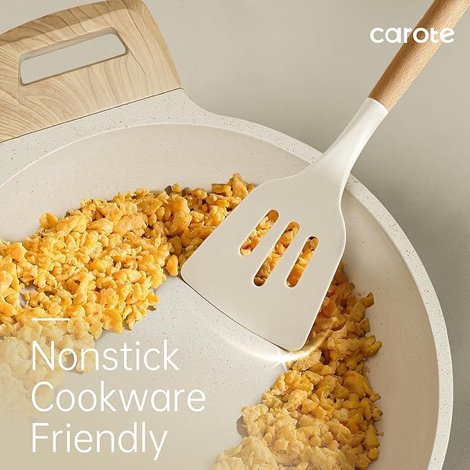 CAROTE 10-Piece Kitchen Utensils Set with Wood Cool-Touch Handles, Cream | Silicone Cooking Utensil, Food Grade, Nonstick Cookware Friendly, BPA-Free, Heat-Resistant, Everyday Home Essentials, Gifts - Image 4