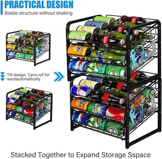 6-Tier Stackable Soda Can Rack Organizer for Pantry, Black, 2 Pack | Adjustable Can Dispenser Holds Up to 60 Cans, with 12 Hooks,Can Storage Holder for Various Ounces of Canned Food Soda Drinks - Image 4