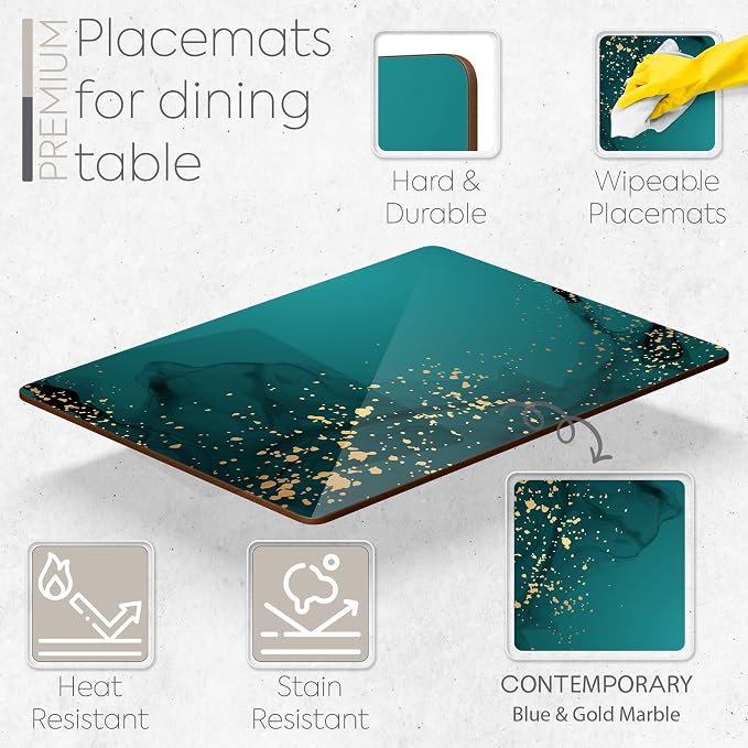 Set of 4 Heat Resistant Cork Placemats for Dining Table with Free Set of 4 Matching Drink Coasters Deep Green and Gold Design 16 x 12 Inches Cork Backed Hard Placemats (Green Serenity) - Image 2