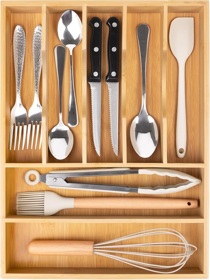 Bamboo Silverware Drawer Organizer, Kitchen Utensil Drawer Organizers, 12"x15.7" Utensils Holder Cutlery Tray with Grooved Drawer Dividers for Kitchen Flatware Bedroom Office(7 Slot, Natural) - Image 8