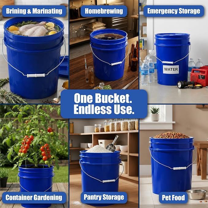 5 Gallon Bucket - Food Grade w/Lid BPA-Free, Blue/Blue, 1 | Airtight Gamma Seal Screw-On Lid, Heavy-Duty 90 Mil HDPE Plastic, Food Safe and Durable Container, Bulk Storage, Made in USA - Image 3