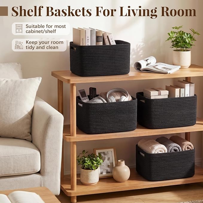 OIASKET 4Packs Natural Cotton Rope Storage Baskets for Organizing Toys, Clothes, Towels & Books, Soft Versatile Organizers for Shelves, Home Decorative Bins, 13''Lx9''Wx7.8''H, Black - Image 6