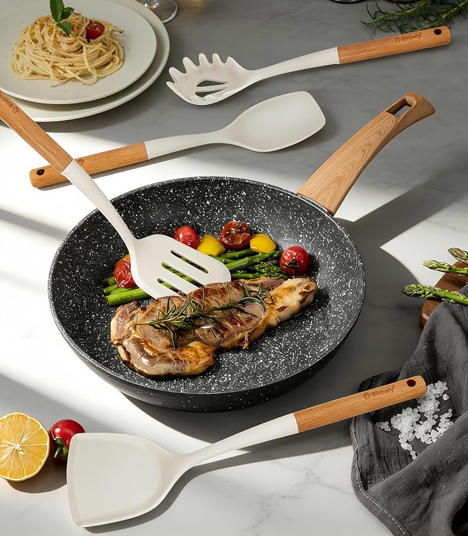 Large Silicone Kitchen Utensils Set with Holder, 25Pcs Cooking Utensil Set with Wooden Handle, Heat Resistant Spatula Sets for Cooking, BPA Free Silicone Utensils Set for Non-Stick Cookware(White) - Image 2