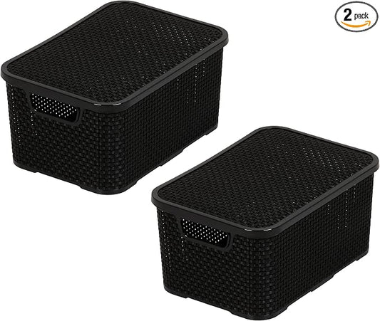 BranQ - Home essential Basket with Lid in Rattan Design, Set of 2, Size S 7 L, BPA-Free Plastic PP, Black, 28.5 x 19.5 x 12.9 cm, Pack of 2 by Unknown