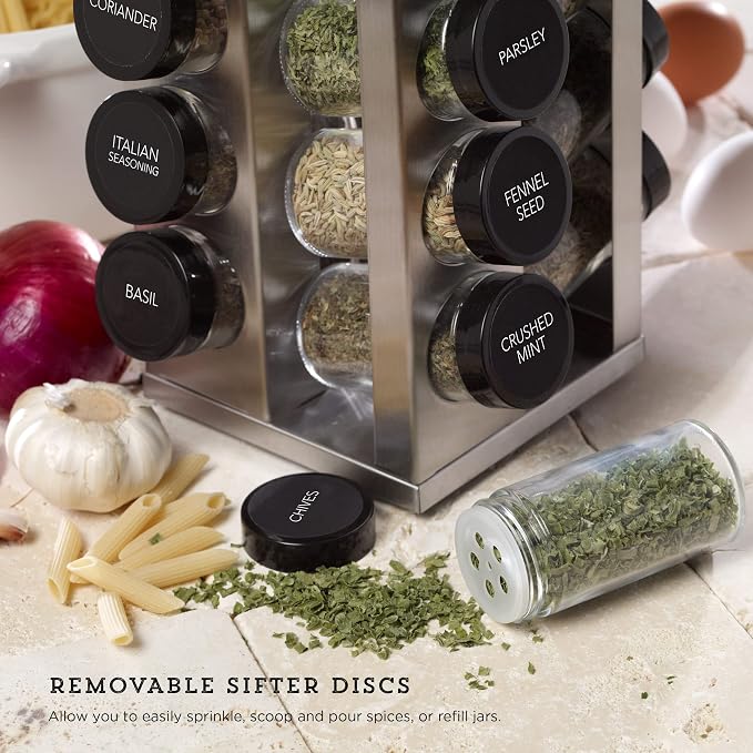 Kamenstein 20 Jar Heritage Revolving Countertop Spice Rack Organizer with Spices Included, FREE Spice Refills for 5 years, Brushed Stainless Steel with Black Caps (Pack of 3) - Image 2
