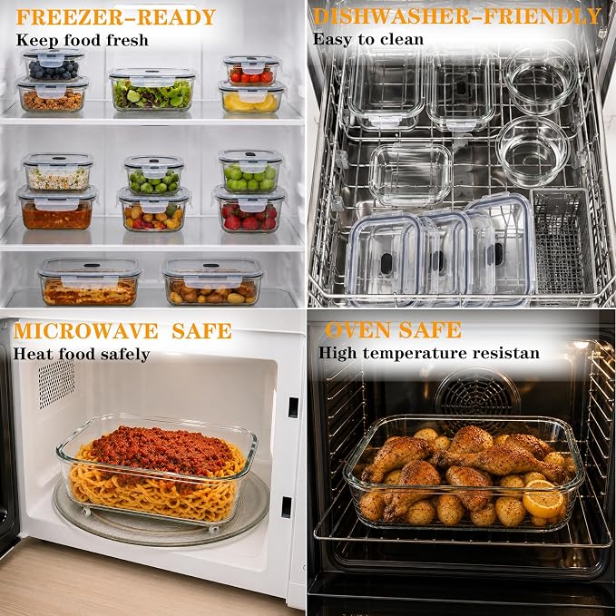 24-Piece Reusable Glass Meal Prep Containers, Meal Prep Glass Containers with Airtight Lids, Leakproof Glass Food Storage Containers, Glass Containers with Lids, Oven Freezer Safe, Black Lids - Image 3