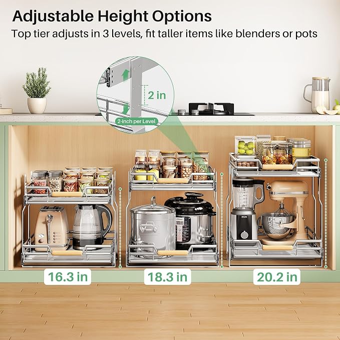 Pull out Cabinet Organizer, 2 Tiers 23"W X 21"D, Heavy Duty Smooth Sliding Under Cabinet Shelves for Pots and Pans, Full-Extension Roll out Drawers, Slide out Organization for Home Kitchen Pantry - Image 6