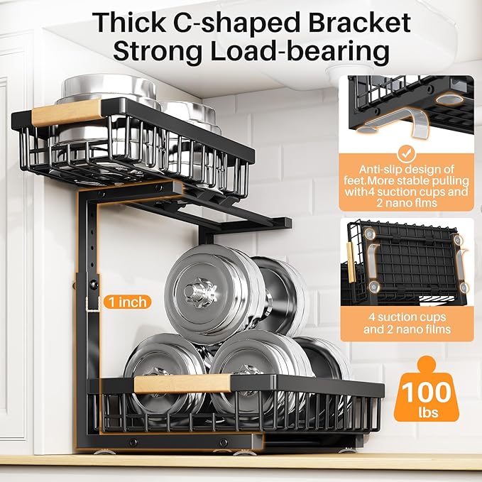 PXRACK Under Sink Organizer, Adjustable Height, 2 Tier Pull Out Under Cabinet Organizer, Slide Out Thickened Metal Under Sink Storage for Kitchen Bathroom Laundry Pantry Cabinet, Black, Large-2-Pack - Image 6