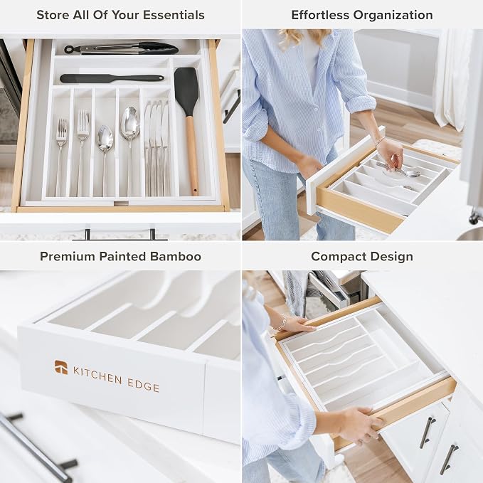 Silverware & Utensil Drawer Organizer, 14.5-25 in, White Bamboo | Cutlery, flatware, food-safe contract grade, kitchen drawer fit - Image 3