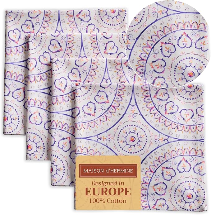 Maison d' Hermine Cloth Napkins Set of 4 Reusable 100% Cotton (20" x 20") | Everyday Square Napkins Cloth Washable Dinner Party Wedding Restaurant Hotel Kitchen Spring Summer - Mandala by MaisondHermine