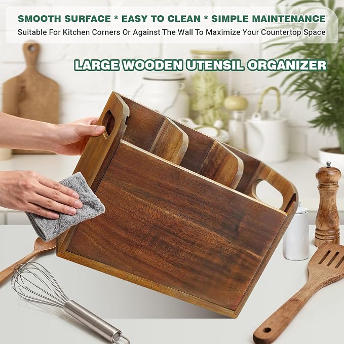 Kitchen Utensil Holder for Countertop with 3 Compartments，Acacia Wood Utensil Holder Cooking Spatula Organizer Large Cutlery Organizer for Kitchen Countertop Farmhouse Kitchen Decor - Image 5