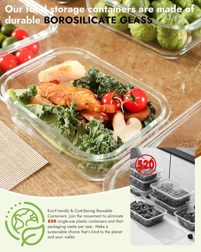 12-Pack Glass Containers with Tempered Lids – Borosilicate, Oven-Safe(-4°F~950°F), Airtight, BPA-Free, Multi-Size for Meal Prep, Dishwasher Safe, 1.6 cups to 6.4 cups (Blue) - Image 6