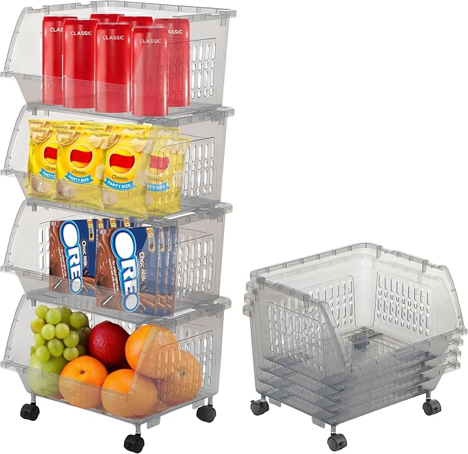 Large Stackable Storage Bins Open Front with Wheels, 4 Pack - Light Grey | Easy Assembly, Sturdy Plastic, Open Front Access, Smooth Rolling Wheels, Stackable, Large Capacity Storage by Skywin