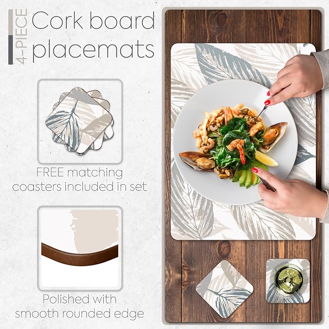 Set of 4 Heat Resistant Cork Placemats for Dining Table with Free Set of 4 Matching Drink Coasters Marble Design 16 x 12 Inches Cork Backed Hard Placemats (Farmhouse Rustic Leaves) - Image 4