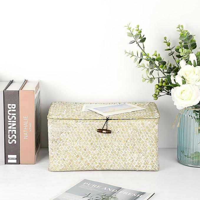 Hipiwe Seagrass Storage Basket Bins with Lid Handwoven Wicker Shelf Baskets | Rectangular Basket Household Organizer Boxes for Shelf Closet Bedroom Home Decor, Whitewash Medium - Image 5