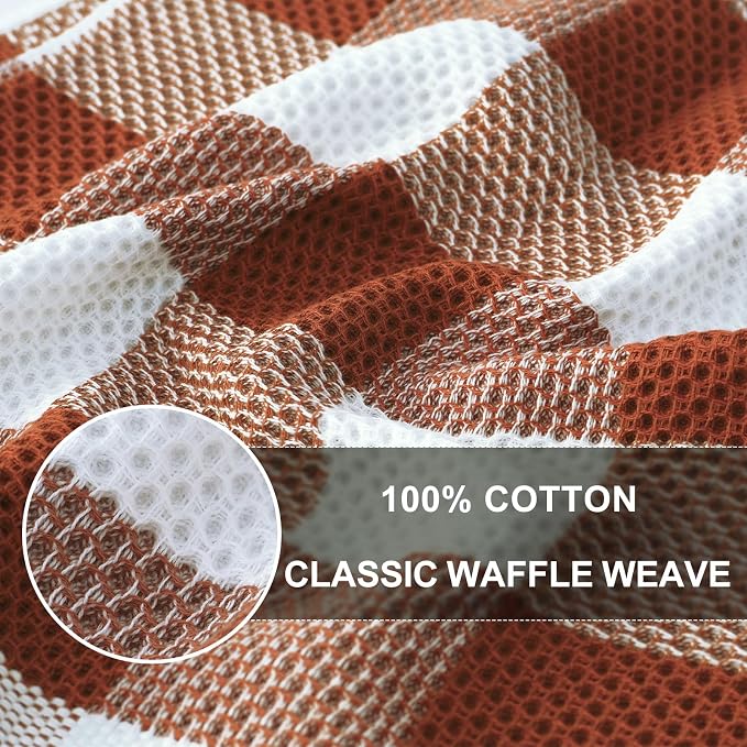 Homaxy Kitchen Towels and Dishcloths Set, Set of 12, White & Rust | Bulk Cotton Waffle Weave Check Plaid Kitchen Towels, Super Soft and Absorbent Dish Cloths, 12 x 12 and 13 x 28 Inches - Image 2