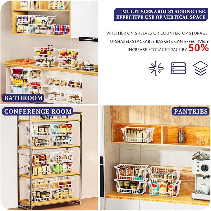5 Pack Enhanced Leak-Proof Bottom Stackable Wire Baskets, Pantry Organizers and Storage, pantry storage，Shelf Baskets, Fruit Basket, Potato and Onion Storage Bins，(White) - Image 4