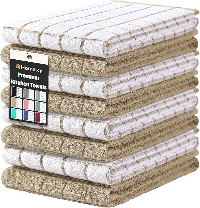 Homaxy Large Premium Cotton Kitchen Towels 16"x 28", 8 Pack, Tan | Natural Ring Spun 390 GSM Dish Towels, Super Absorbent Terry Kitchen Hand Towels, Soft Tea Towels with Hanging Loop by Homaxy