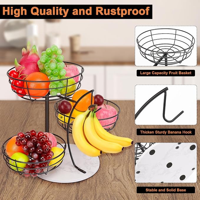 Livabber Fruit Basket Bowl with Banana Hanger, Metal Fruit Vegetable Storage Basket with Banana Holder for Kitchen Counter, Detachable Organizer for Bread Snack Produce (Black, 3-Tier Marble Base) - Image 8