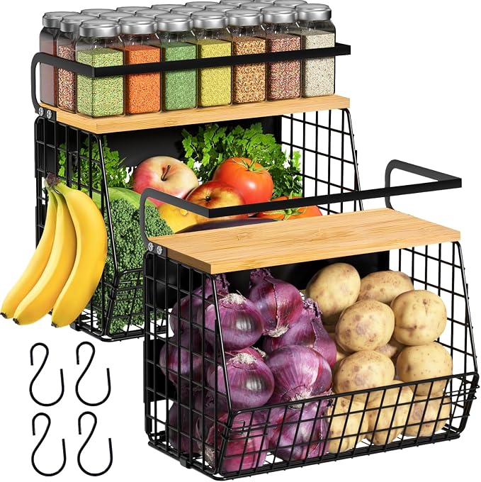 2 Set Magnetic Shelf for Refrigerator with Wood Lid, Fruit Potato & Onion Storage Bins, Pantry Organizers & Storage, Large Container Magnetic Spice Rack for Refrigerator, Kitchen Counter, Cabinet by Ofiray-home