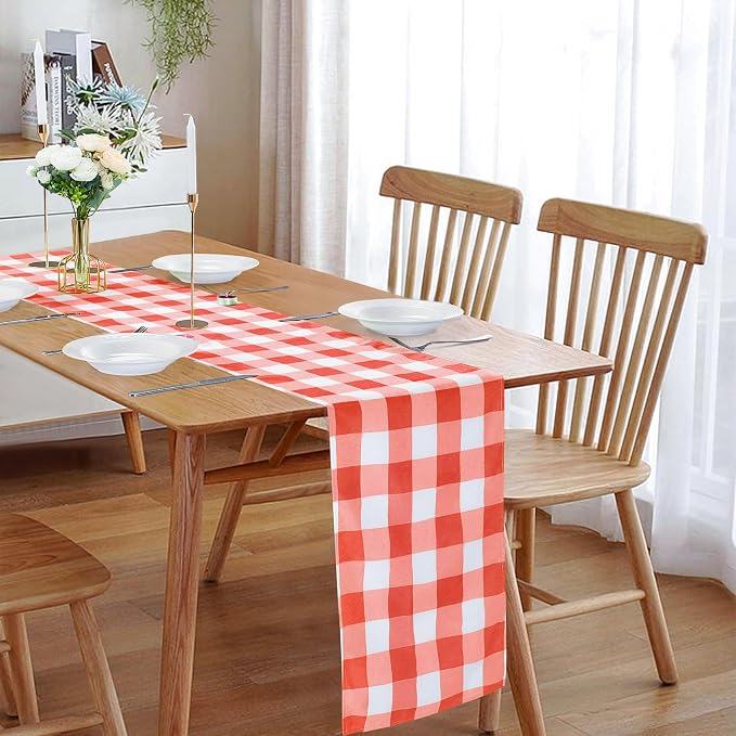 Cupuamon Fabric Checkered Table Runner 1 Pack Waterproof Gingham Table Runner 14W x 108L Buffalo Check Table Runners for Parties Kitchen Dining Wedding Banquet (Red and White) - Image 6