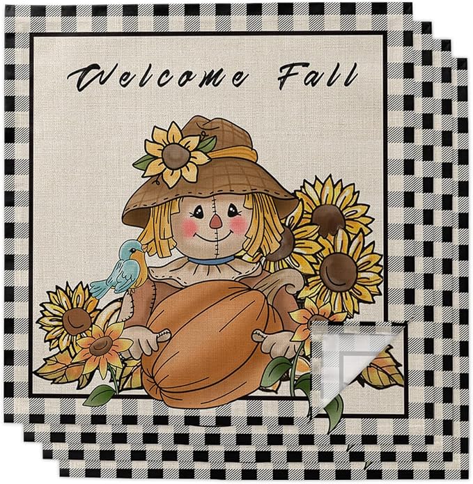 Autumn Pumpkin Scarecrow Cloth Napkins Set of 4 - Washable Dinner Napkins Reusable Table Napkins for Home Party Weeding Dining Table Setting Decoration,Farmhouse Fall Sunflower Black Plaid Oversized by Unknown