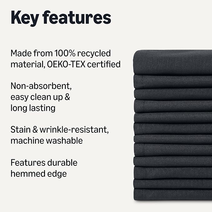 Amazon Basics Reusable Stain and Wrinkle Resistant Cloth Napkins, 17 x 17 inches, Black, 12-Pack - Image 2